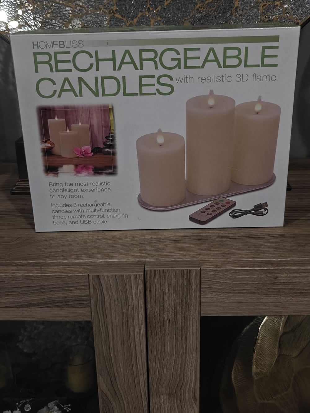 HomeBliss Rechargeable Flameless Candles Set of 3 Realistic 3D Flame NIB